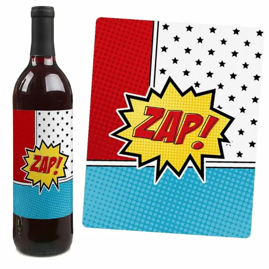 Big Dot of Happiness Bam Superhero - Baby Shower or Birthday Party Decorations for Women and Men - Wine Bottle Label Stickers - Set of 4 {4}