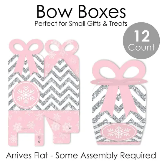 Big Dot of Happiness Pink Winter Wonderland - Square Favor Gift Boxes - Holiday Snowflake Birthday Party and Baby Shower Bow Boxes - Set of 12 {7}