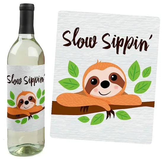 Big Dot of Happiness Let's Hang - Sloth - Baby Shower or Birthday Party Decorations for Women and Men - Wine Bottle Label Stickers - Set of 4 {6}