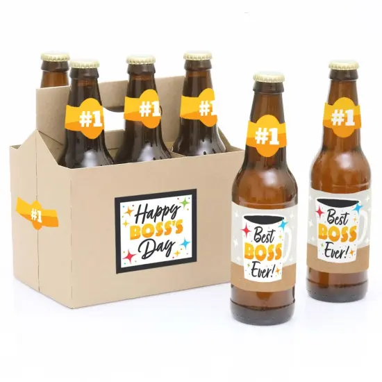 Big Dot of Happiness Happy Boss's Day - Best Boss Ever Decorations for Women and Men - 6 Beer Bottle Label Stickers and 1 Carrier {1}