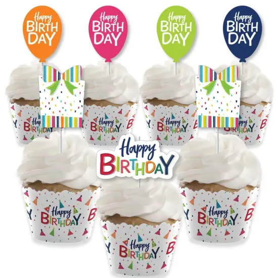 Big Dot of Happiness Cheerful Happy Birthday - Cupcake Decoration - Colorful Birthday Party Cupcake Wrappers and Treat Picks Kit - Set of 24 {1}