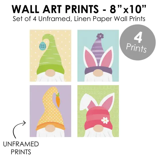 Big Dot of Happiness Easter Gnomes - Unframed Spring Bunny Linen Paper Wall Art - Set of 4 - Artisms - 8 x 10 inches {6}