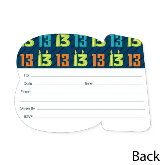 Big Dot of Happiness Boy 13th Birthday - Shaped Fill-In Invitations - Official Teenager Birthday Party Invitation Cards with Envelopes - Set of 12 {6}