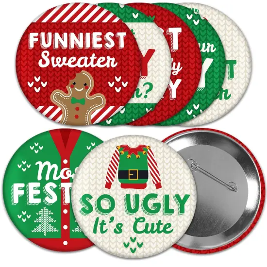Big Dot of Happiness Ugly Sweater - 3 inch Holiday and Christmas Party Badge - Pinback Buttons - Set of 8 {1}