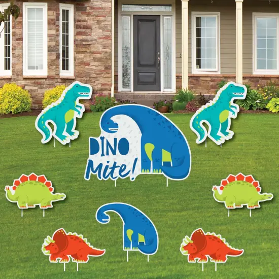 Big Dot of Happiness Roar Dinosaur - Yard Sign and Outdoor Lawn Decorations - Dino Mite T-Rex Baby Shower or Birthday Party Yard Signs - Set of 8 {1}