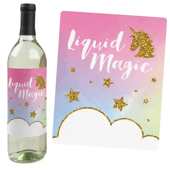 Big Dot of Happiness Rainbow Unicorn - Magical Unicorn Baby Shower or Birthday Party Decor for Women and Men - Wine Bottle Label Stickers - Set of 4 {6}