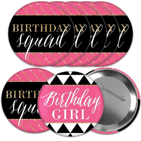 Big Dot of Happiness Chic Happy Birthday - Pink, Black and Gold - 3 inch Birthday Party Badge - Pinback Buttons - Set of 8 {1}