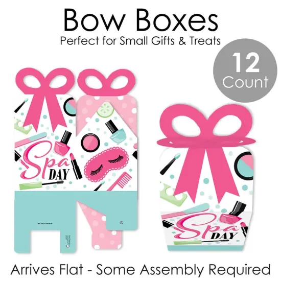 Big Dot of Happiness Spa Day - Square Favor Gift Boxes - Girls Makeup Party Bow Boxes - Set of 12 {7}