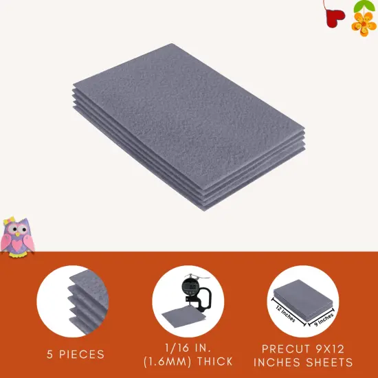 FabricLA Acrylic Felt Sheets for Crafts - Precut 9" X 12" Inches (20 cm X 30 cm) Felt Squares - Use Felt Fabric Craft Sheets for DIY, Hobby, Costume, and Decoration | Grey - 5 Pieces {3}