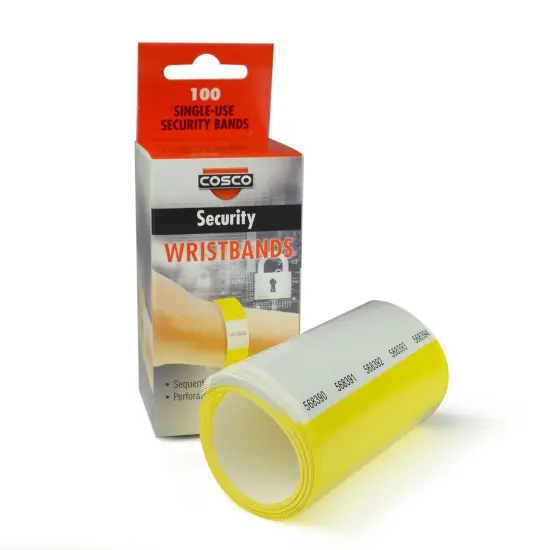 COSCO Security Wristband, Tamper Resistant, 10" x 3/4", Yellow, 100 bands (20 perforated sheets of 5 bands each) {6}