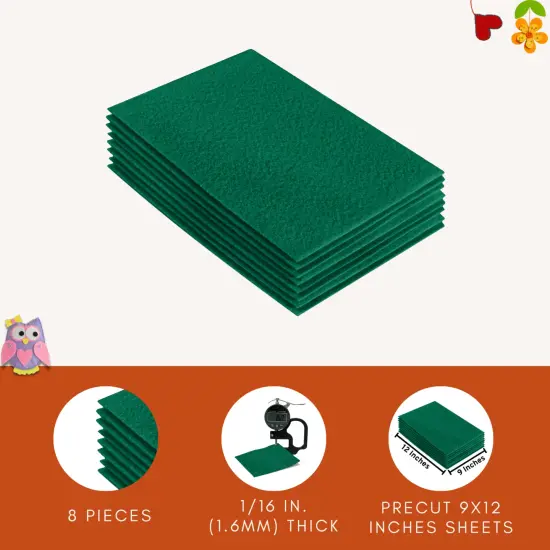 FabricLA Acrylic Felt Sheets for Crafts - Precut 9" X 12" Inches (20 cm X 30 cm) Felt Squares - Use Felt Fabric Craft Sheets for DIY, Costume, and Decoration | Kelly Green - 8 Pieces {6}