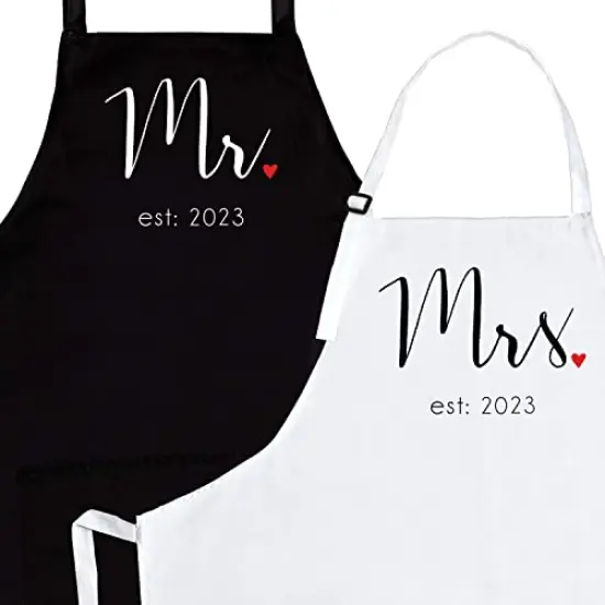 His and Her Aprons - Mr Mrs Established 2023 Couples Engagement Gift, Cute Bridal Shower Gift Anniversary Wedding Registry Items & Decoration, Housewarming Gifts For New Home Newlywed Gift {3}