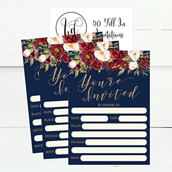 50 Floral Invitations, Fall Bridal or Baby Shower Invite, Birthday Invitation Wedding Rehearsal Dinner Invites, Autumn Engagement Bachelorette Reception Anniversary, Housewarming, Graduation, Sweet 16 {3}