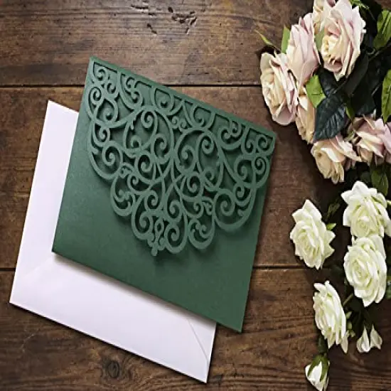 5.12 x 7.2 Emerald Green Invitation Cards, Trifold laser cut invitations Wedding Invitation Cards Pockets with Envelopes for Wedding Bridal Shower Engagement Birthday Sweet 16 (20PCS No Inner Sheet) {3}