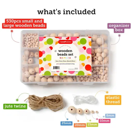 Incraftables Natural Wooden Beads for Crafts 530pcs (8mm, 10mm, 15mm, 20mm & 25mm). Best Wood Beads for Crafts with Holes. Bulk Unfinished DIY Large & Small Wooden Craft Beads w/Jute Twine & Organizer {3}