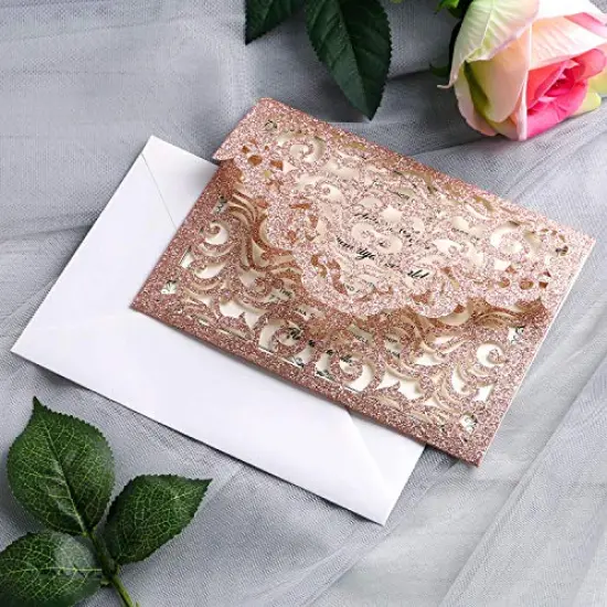20 Pcs Laser Cut Wedding Invitation Card with Envelope for Wedding Quinceanera Bridal Shower Baby Shower Party Invite (Rose Gold Glitter) {6}