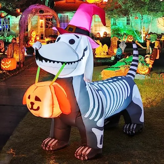 GOOSH 5Ft Halloween Inflatables Outdoor Decorations Skeleton Puppy Inflatable Yard Decoration with Build-in LEDs Blow Up Pumpkin for Halloween Party Indoor Outdoor Yard Garden {1}