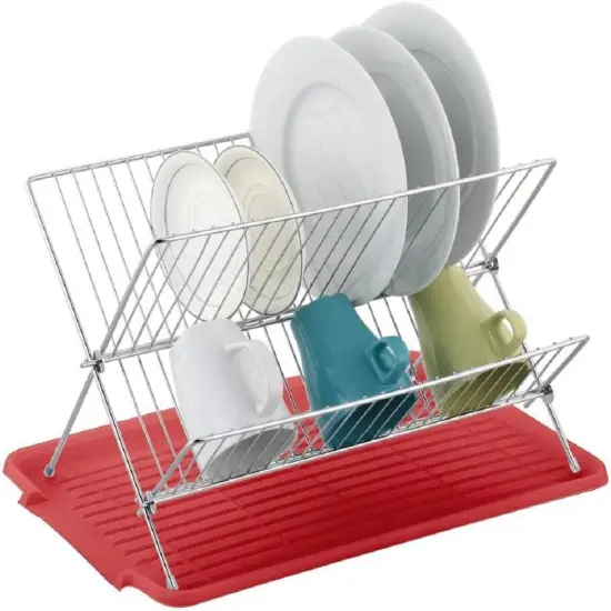 17 in. X Shaped Stainless Steel 2-Tier Dish Rack for Kitchen Counter Red {1}