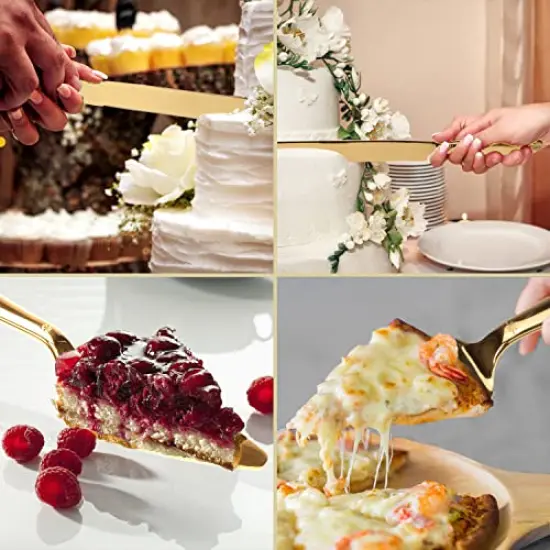 Cake Cutting Set for Wedding, Elegant Knife and Server with Thickened Stainless Steel Rounded Edges, Cutter Pie Spatula Birthday Anniversary Christmas Gift of 2, Gold {4}