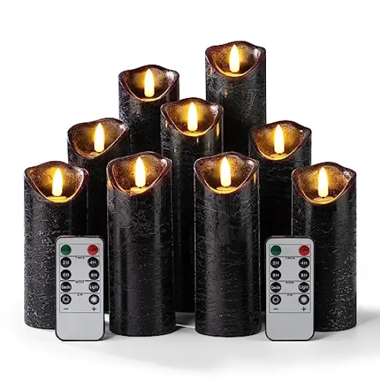 Set of 9 Black Regular Textured Flameless Candles Battery Operated LED Real Wax Flickering Electric Candles with Remote Control Timer for Wedding Birthday Halloween Christmas Decorations {2}