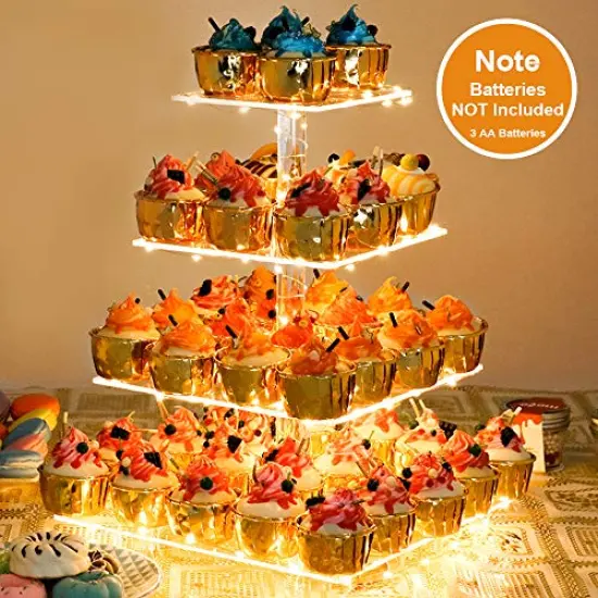 4 Tier Cupcake Stand Acrylic Tower Display with LED Light Premium Holder Dessert Tree Tower for Birthday Cady Bar D&eacute;cor Weddings, Parties Events (Yellow Light) {1}