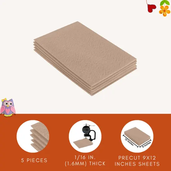 FabricLA Acrylic Felt Sheets for Crafts - Precut 9" X 12" Inches (20 cm X 30 cm) Felt Squares - Use Felt Fabric Craft Sheets for DIY, Costume, and Decoration | Sandy - 5 Pieces {3}