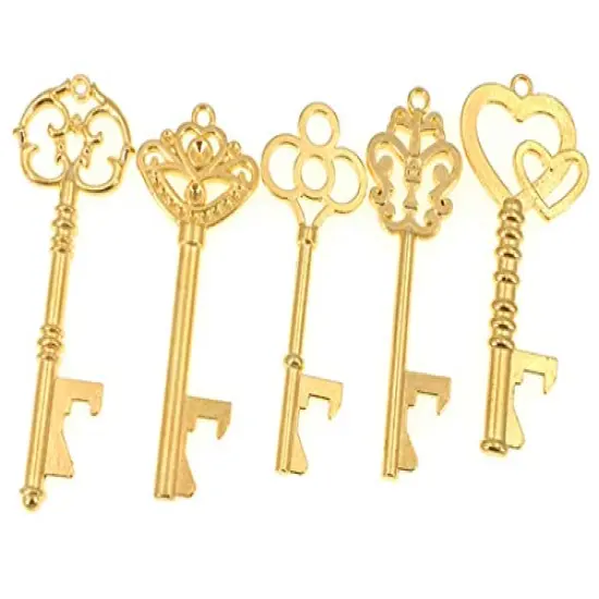 50 Pack Skeleton Key Bottle Opener Wedding Party Favor Souvenir Gift with Escort Tag and Jute Rope (Gold Tone,5 styles) {5}