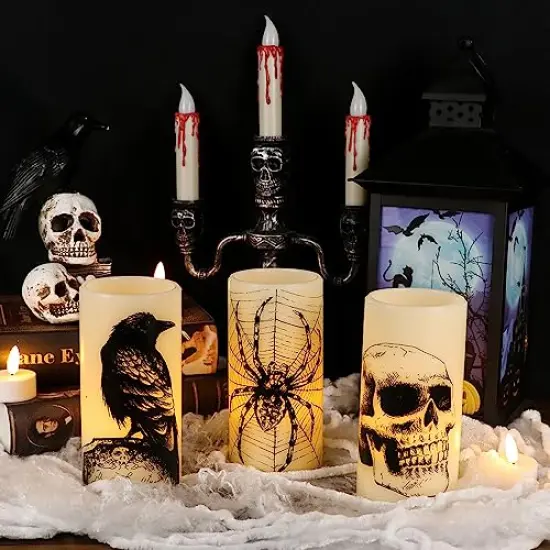 Eldnacele Halloween Flickering Candles with Skull, Spider Web, Crow Raven Decals Set of 3, Battery Operated Halloween Themed LED Candles Horror Spooky Decoration {5}