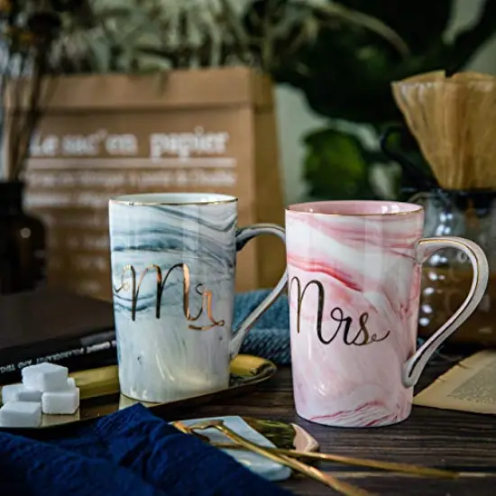Mr and Mrs Coffee Mugs - Wedding Gifts for Bride and Groom - Gifts for Bridal Shower Engagement Wedding and Married Couples Anniversary - Ceramic Marble Cups 14 Oz Pink {4}