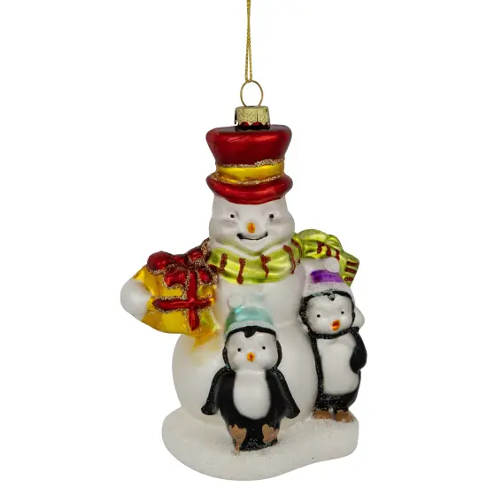 Northlight 5.25" Snowman and Penguins Hanging Glass Christmas Ornament White {1}