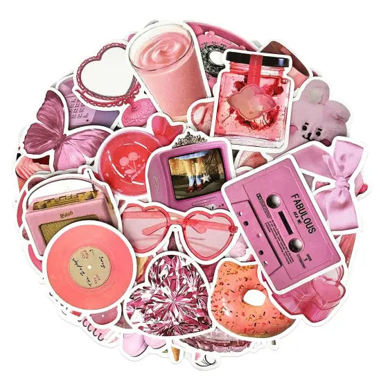 Wrapables Waterproof Vinyl Stickers for Water Bottles, Laptop, Phones, Skateboards, Decals for Teens, 100pcs Pink Party {1}