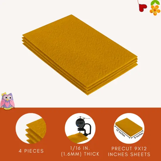 FabricLA Acrylic Felt Sheets for Crafts - Precut 9" X 12" Inches (20 cm X 30 cm) Felt Squares - Use Felt Fabric Craft Sheets for DIY, Hobby, Costume, and Decoration | Antique Gold - 4 Pieces {4}