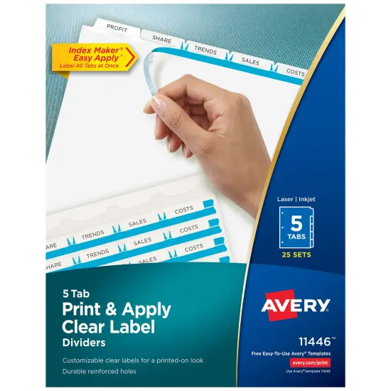 Avery 5 Tab Dividers for 3 Ring Binder, Easy Print & Apply Clear Label Strip, Index Maker Customizable White Tabs, 25 Sets (11446) {1}