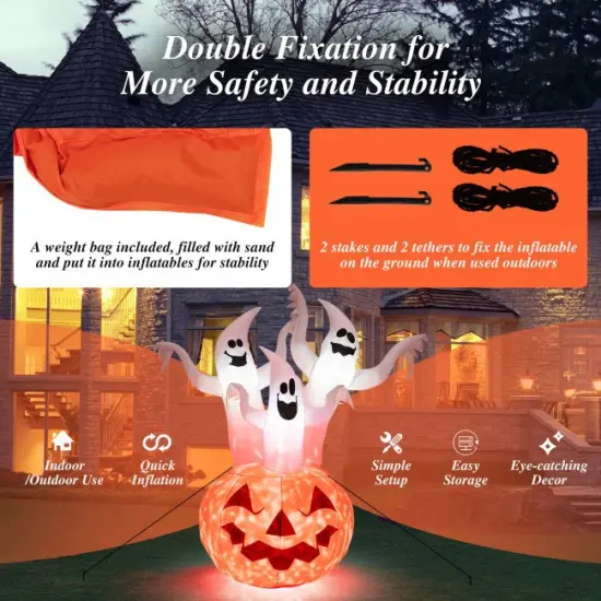 6 Feet Inflatable Halloween Three White Ghosts with Pumpkin Decor and Rotating Lamp {5}