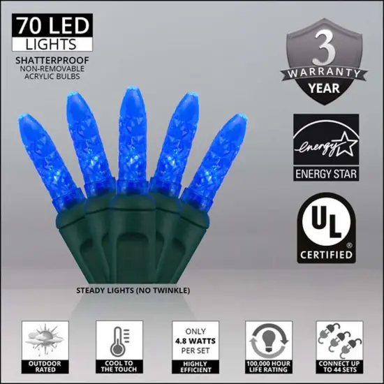 70 Blue M5 LED Lights, Green Wire, 4" Spacing {2}