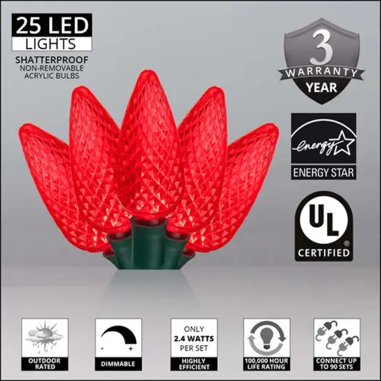 25 Red C9 LED Christmas Lights, Green Wire, 8" Spacing {3}