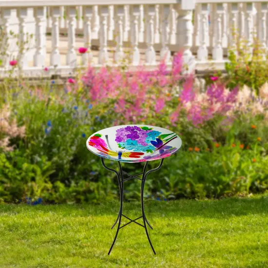 Northlight 18” Pink and Purple Dragonflies Hand Painted Glass Outdoor Patio Birdbath White {3}