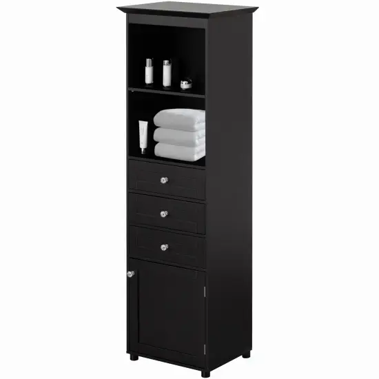 Tall Freestanding Storage Organizer Linen Tower, Vanity Closet, Bathroom Cabinet with 2 Open shelves, 3 Drawers, and a Closet Black {1}