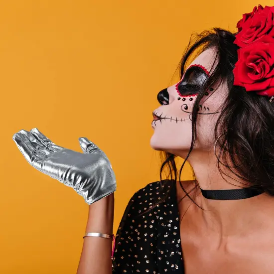 Metallic Silver Costume Gloves - Shiny Silver Princess Evening Stretch Dress Tea Glove Set for Men, Women and Kids {4}