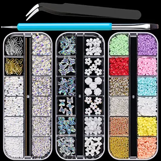 Mixed 3D Nail Art Gem Decoration Accessories Kit #1, Aurora Bear Bow Butterfly Starry AB Rhinestone Charm Jewelry for Deco, Pearl Flower Caviar Bead Stone Crystal with Dual-End Brush and Tweezer {2}