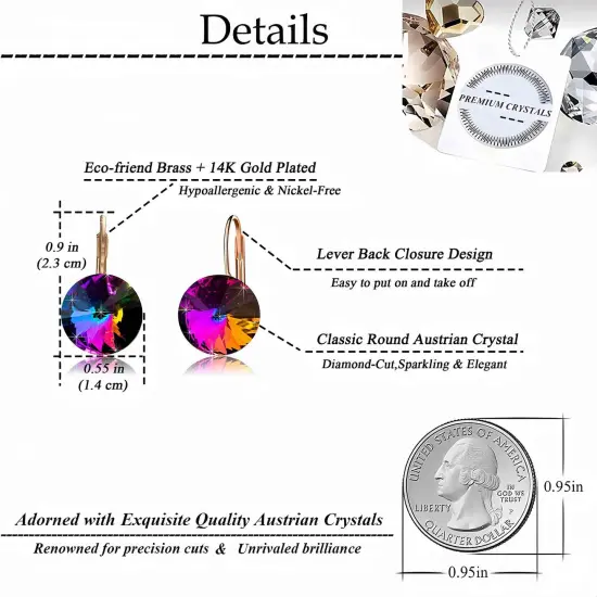 Crystal Round Drop Earrings for Women 14K Gold Plated Hypoallergenic Leverback Hoop Earrings (Rainbow) {5}