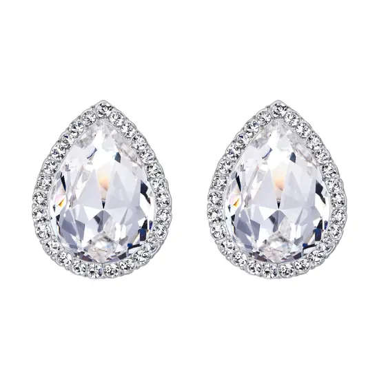 Women's Austrian Crystal Wedding Teardrop Stud Earrings Clear Silver-Tone {2}