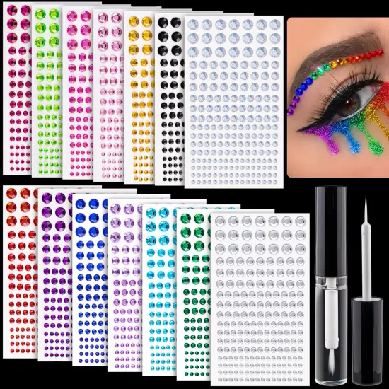 2758 Pieces of Rhinestone Stickers 3/4/5/6/8mm with 14 Colors Self Adhesive Face Gems, Stick on Body Crystal Jewels with Quick Dry Makeup Glue for Face Eye Hair Nails Make up and Craft DIY Decorations {2}