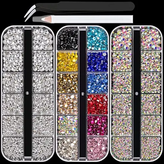 AB and Clear and Mixed Color Flatback Round Rhinestones Kit, Multi Size Glass Crystals Bead with Pickup Pencil and Tweezer for DIY Nail Art {2}