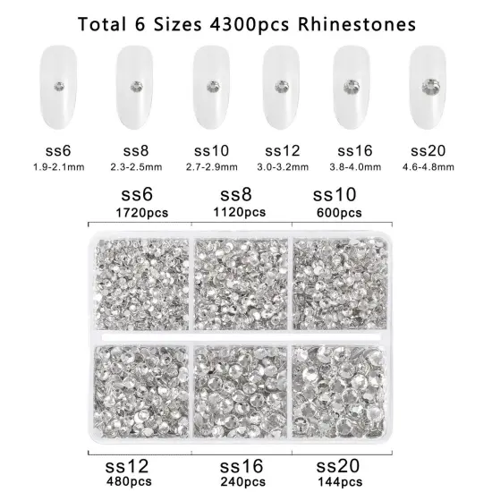 4300 Pieces Flatback Rhinestones,Clear Rhinestones Nail Gems Round Crystal Rhinestones for Crafts,Mixed 6 Sizes with Picking Tweezers and Wax Pencil Kit, SS6-SS20,Crystal {5}