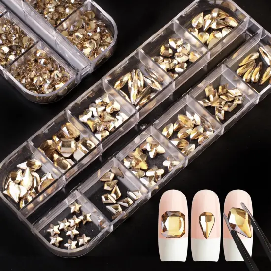 2120 Pieces Champagne Gold Crystal Nail Rhinestones Round Beads Multi Shapes Sizes Flatback Glass Gems Stones for Nail DIY Crafts Clothes Shoes Jewelry {1}