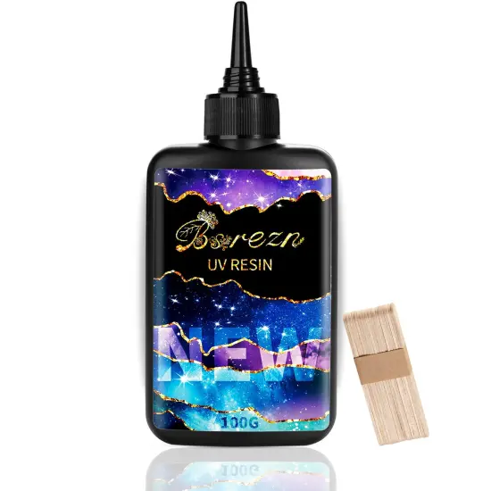 Bsrezn Clear UV Resin Hard 100g, UV Cure Epoxy Resin Clear Premixed Resina UV Transparent Solar Activated Glue for Jewelry Making Fast Curing with Wooden Stick {1}