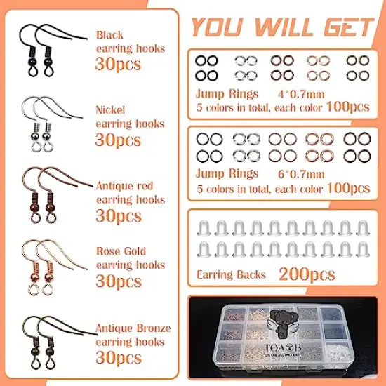 150 Pieces Hypoallergenic Earring Hooks Mixed Colors Ear Wire Hooks Earring Making Kit with 1000pcs Open Jump Rings 200pcs Earring Backs for Jewelry Making Findings {1}