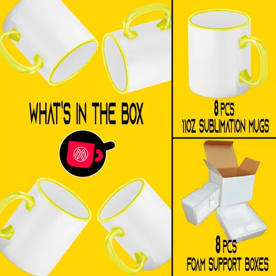 8 Pcs Yellow Sublimation 11oz Rim Handle Mugs With Foam Support Boxes {3}