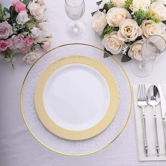 BEIGE GOLD 10 Round 10" Plastic Dinner PLATES Spiral Rim {2}